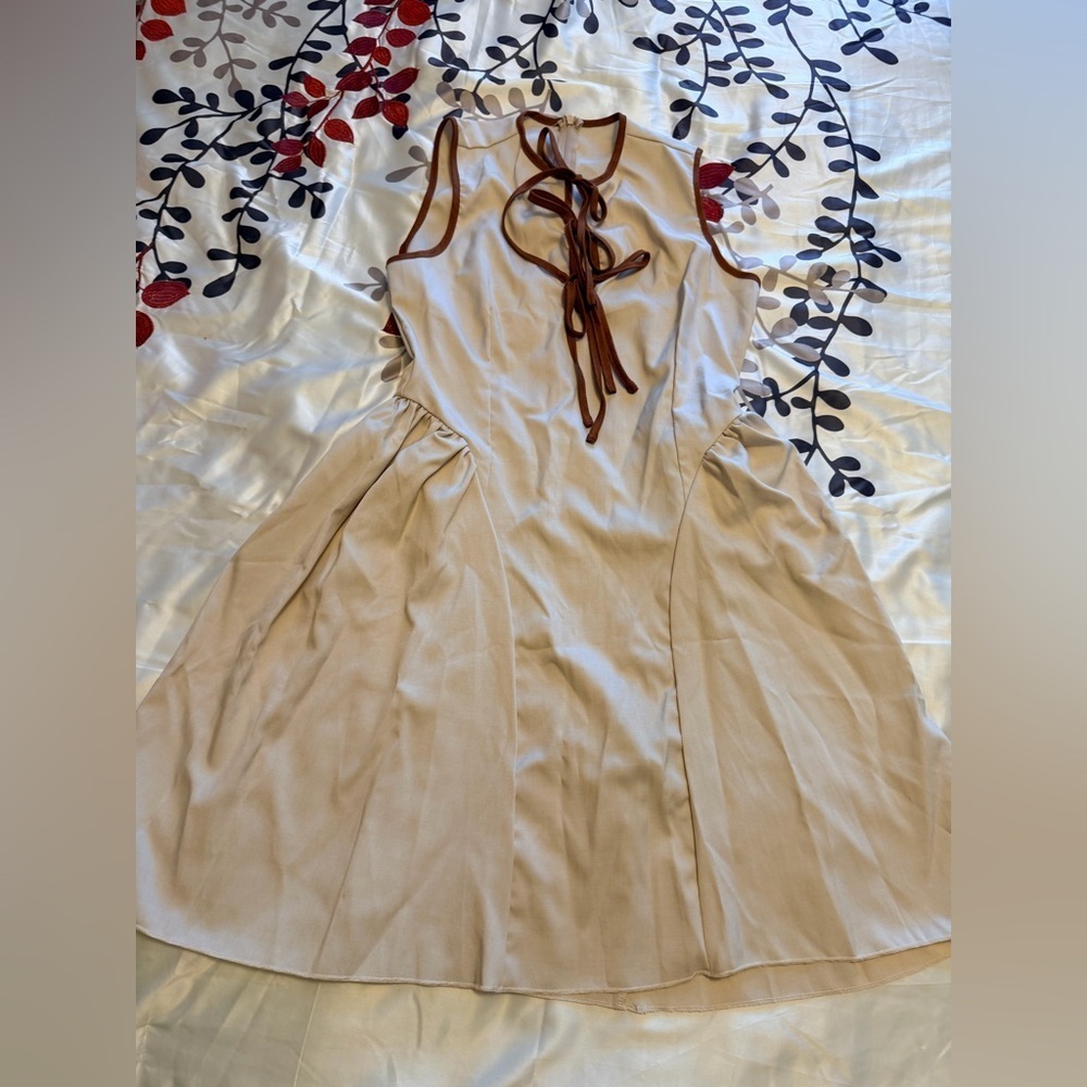 Beige & Brown Three Tie Bow Design Mini Dress spring summer ruched waist